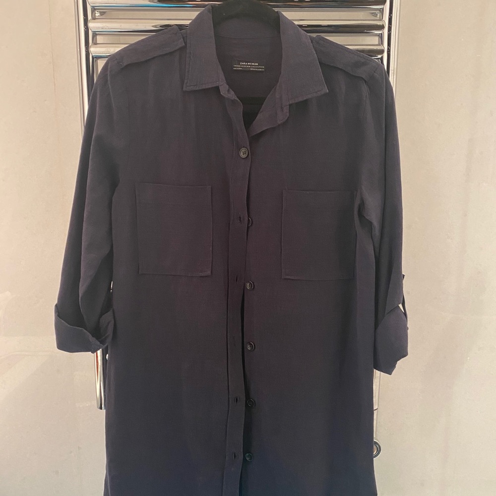 Zara navy blue stretch linen shirt dress